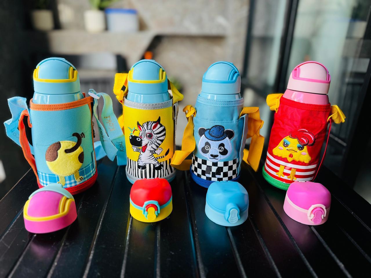 Cute Cartoon Stainless Steel Kids Bottle (3 Lids + Bag Cover + Free Stationery Set)